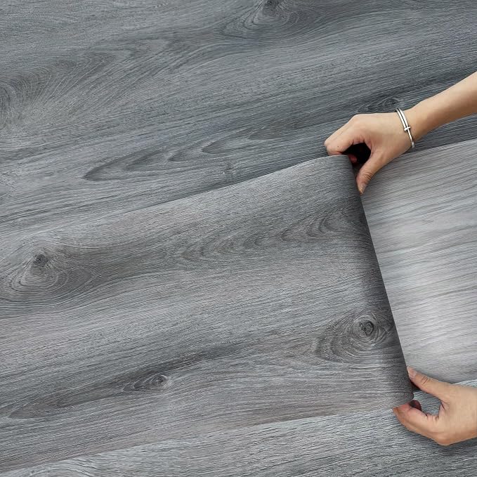 Lareko Wood Look Vinyl Flooring Roll,11.8"X197",Peel & Stick Floor Tile | Covers 16 Sq.Ft,Waterproof,Removable,Wide Plank DIY For renters and Home Decor ,Grey Oak Wooden Self-Adhesive Floor Sheet