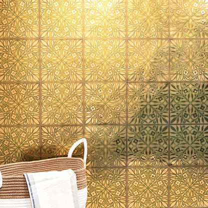 Main Street Peel and Stick Wallpaper Tiles, Gold & Green Leaves, 24-Pack | 8"x8" tiles, covers 10.67 sq ft. Peel-and-stick paper, no extra adhesive needed. Ideal for backsplashes & DIY projects.
