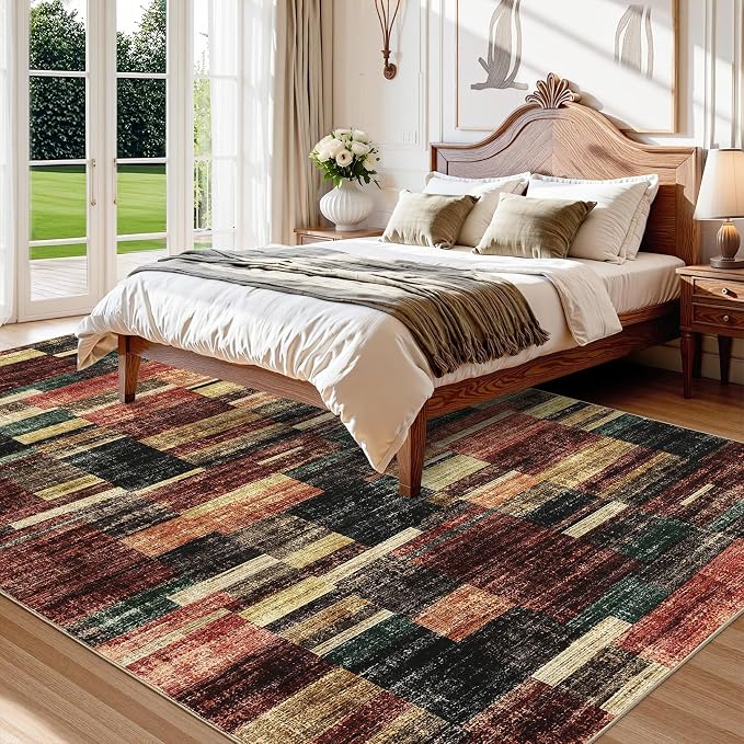 Washable Rugs 10x13 Rug for Living Room Modern Bedroom Rug Red Geometric Large Area Rug Non Slip Throw Rugs Soft Low Pile Stain Resistant Carpet for Dorm Dining Room 10'x13' Red