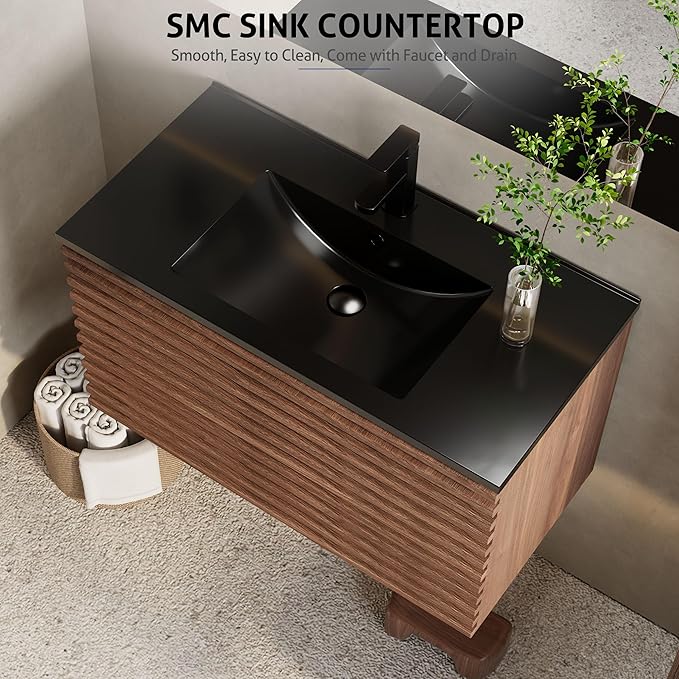 eclife 36" Floating Bathroom Vanity with Sink Combo, Mid-Century Wall Mounted Cabinet with Wood Stripes Decor, Drawers, Undermount Single Black Sink, Faucet, Drain, Cocoa Brown