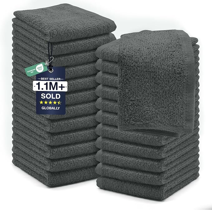 DAN RIVER 24 Pack Cotton Wash Cloths Set for Showering [12x12] Gray | Lighter Weight, Quick to Dry, Super Soft & Absorbent Face Towels, Hotel Quality, Perfect for Bathroom, Gym, Spa