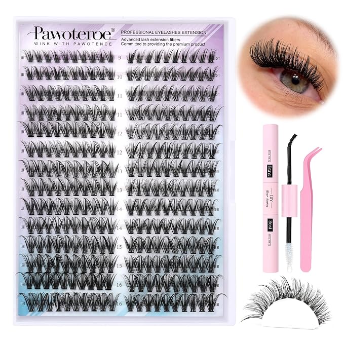 Lash Clusters Kit Cat Eye Lash Extension Kit DIY 9-16mm Cluster Eyelash Extensions Kit 40D Individual Lashes with Lash Bond and Seal, Lash Tweezers for Self Use (Fox 40D, 9-16mm, Kit)