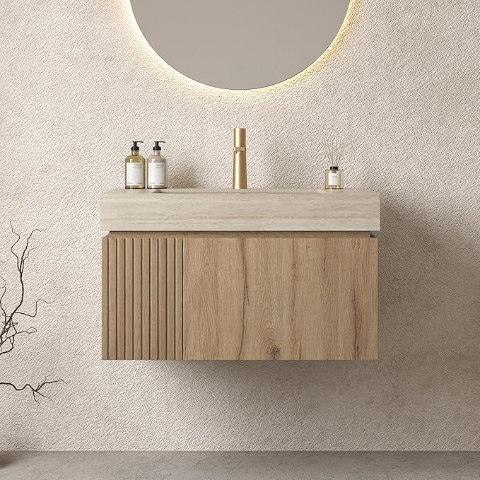 LKTART Floating 30 Inch Bathroom Vanity with Sink, Modern Plywood Wall Mounted Bathroom Storage Cabinet with 1 Door and 1 Drawer, Roma Travertine-Pattern Sintered Stone Countertop and Ceramic Basin