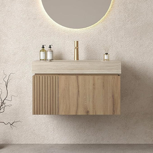 LKTART Floating 30 Inch Bathroom Vanity with Sink, Modern Plywood Wall Mounted Bathroom Storage Cabinet with 1 Door and 1 Drawer, Roma Travertine-Pattern Sintered Stone Countertop and Ceramic Basin