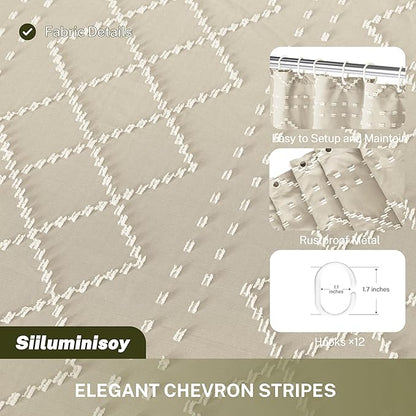 Beige Boho Woven Fabric Cute Shower Curtain, 72 x 72 Tufted Chevron Textured Striped Modern Farmhouse Minimalist Cloth Shower Curtain for Bathroom