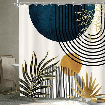 KOMLLEX Mid Century Blue Boho Abstract Modern Bathroom Shower Curtain Set | 72Wx72L Plant Botanical design, waterproof HD print with fast-drying fabric and 12 hooks.