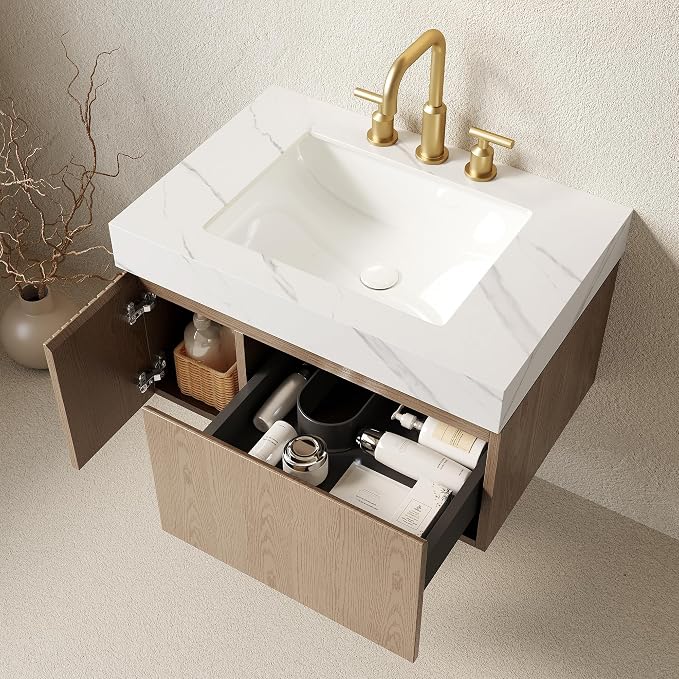 KEIKI 30 Inch Floating Bathroom Vanity with Sink, Light Brown & White | Modern Wall Mounted Storage Cabinet w/ Drawer & Door, Pre-assembled Wood Panels, Sintered Stone Top & Ceramic Basin Combo Set