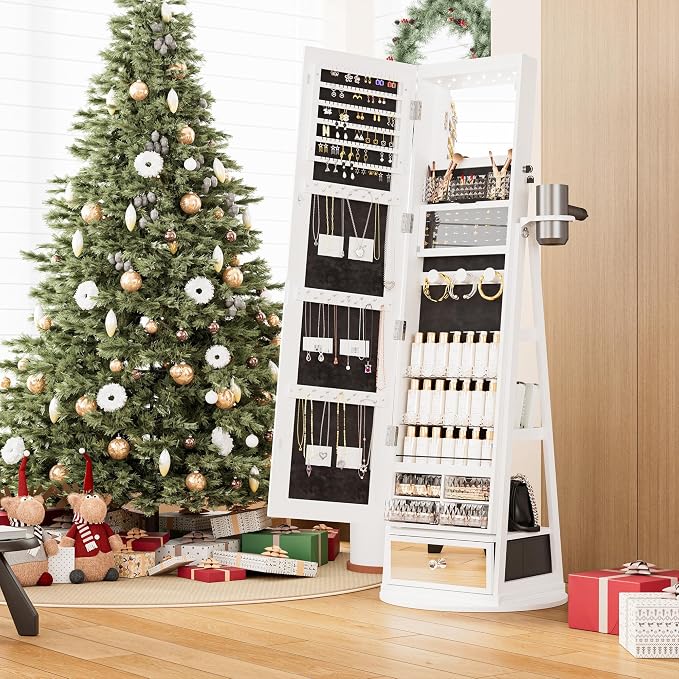 Mirror Jewelry Cabinet Standing, 360° Swivel Jewelry Armoire | with Drawer LED Lights, Lockable Jewelry Organizer with Storage Shelves