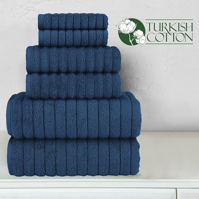 Elegant Comfort 100% Turkish Cotton Corduroy Ribbed Luxury Bath Towels 6-Piece Set, Premium Feel - Quick Dry, Highly Absorbent, Contains 2 Bath Towels, 2 Hand Towels, and 2 Washcloths, Navy
