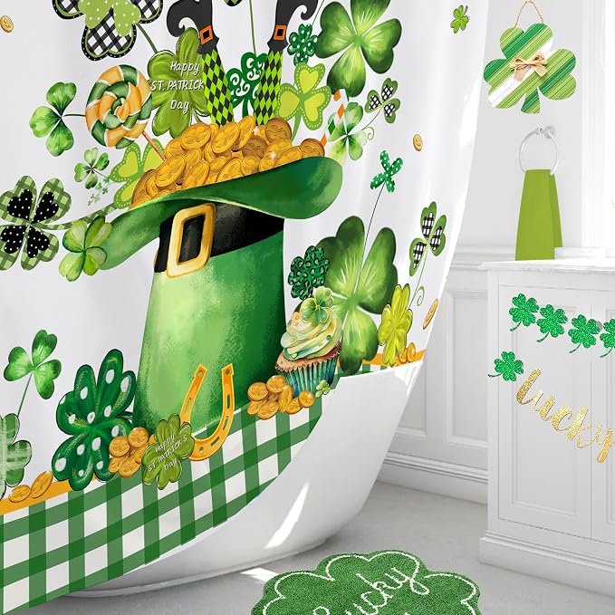 St. Patrick's Day Shower Curtain Shamrock Shower Curtains Waterproof Fabric Bath Curtains with 12 Hooks for St. Patricks Day Home Bathroom Decor, 72 x 72 Inches