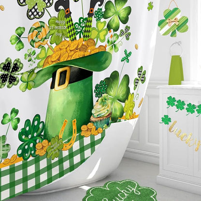 St. Patrick's Day Shower Curtain Shamrock Shower Curtains Waterproof Fabric Bath Curtains with 12 Hooks for St. Patricks Day Home Bathroom Decor, 72 x 72 Inches