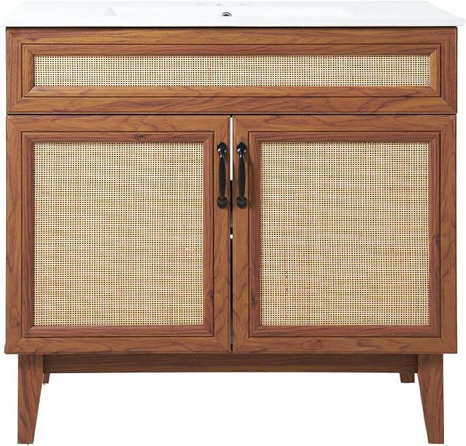 JONATHAN Y Javer Bohemian Rattan Freestanding Bath Vanity, 36", Walnut | 18" Deep, 33" High, 2 Soft-Close Doors, Caned Paneling, 2-Shelf Storage, Basin Not Included, Modern Farmhouse Style
