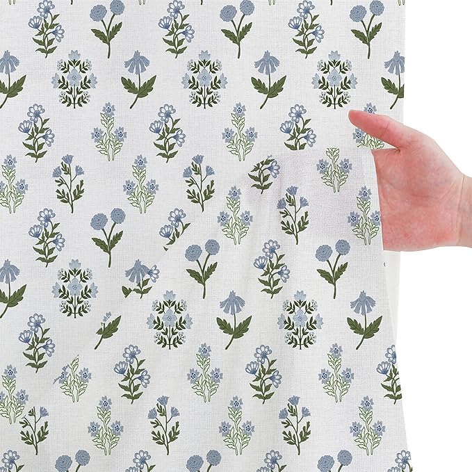 MUGINYU Abstract Vintage Floral Cotton Shower Curtain - Floral Block Print Pattern in Blue and Green,Botanical Boho Shower Curtain Set for Rustic Farmhouse Frenchy Bathroom Decor 72x72 Inch