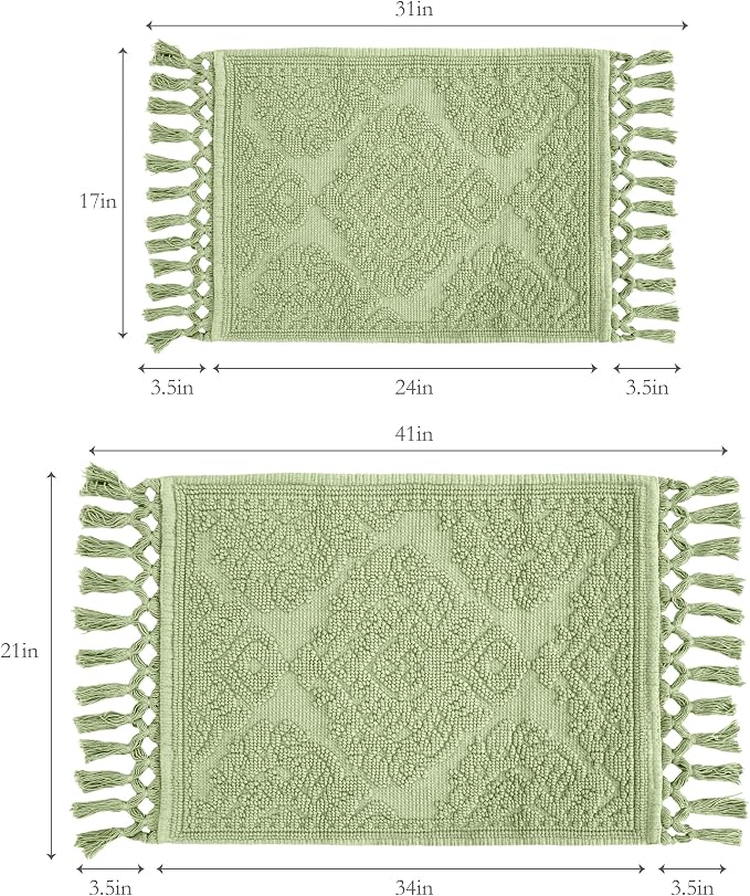 Jean Pierre – Ricardo Bath Mats, Set of 2 Woven Fringe Bathroom Rugs, 100% Cotton, Premium Bathroom Decor - Measures 17" x 31" and 21” x 41”- Sage Green