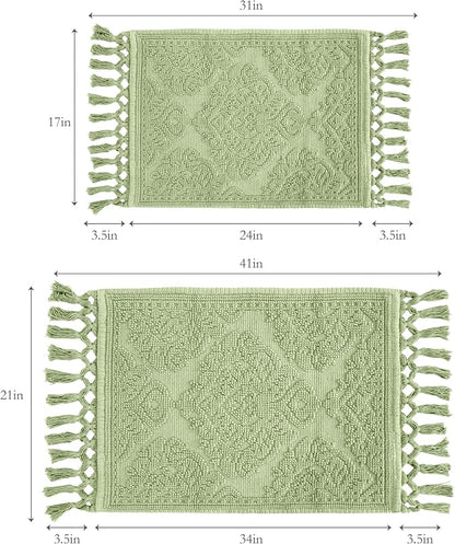 Jean Pierre – Ricardo Bath Mats, Set of 2 Woven Fringe Bathroom Rugs, 100% Cotton, Premium Bathroom Decor - Measures 17" x 31" and 21” x 41”- Sage Green