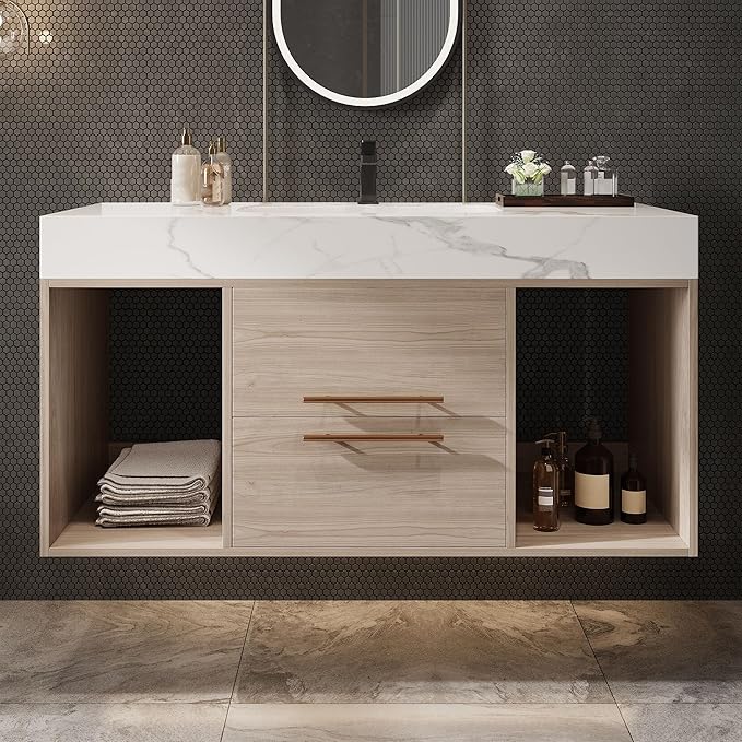 40 inch Modern Floating Bathroom Vanity with Sink, Wall Mounted Bathroom Cabinet with Ceramic Sink, Sintered Stone Countertop, 2 Soft Closing Drawers & Open Storage Shelf, Light Oak