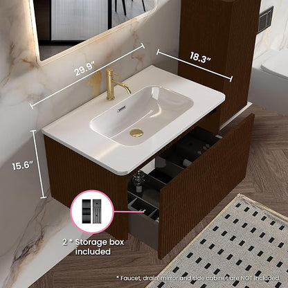 30 Inch Bathroom Vanity with Sink, Modern Floating Vanity with Push Open Soft Close Drawer, Large Storage for Small Space, Brushed Black Oak, Fully Assembled - Camellia Collection