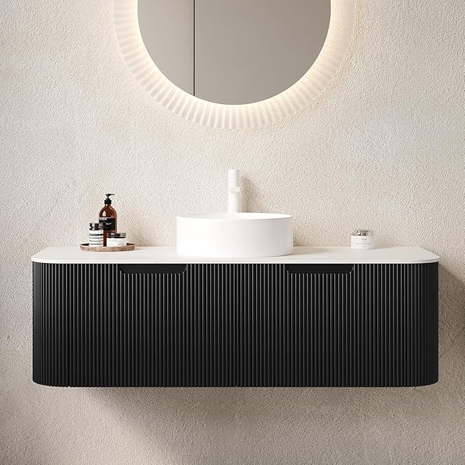 Yayzy 48" Floating Bathroom Vanity with Sink, Solid Wood Fluted Cabinet, White Round Ceramic Basin & Faux Marble Top, Soft-Close Drawer, Pre-Assembled, Gloss Black