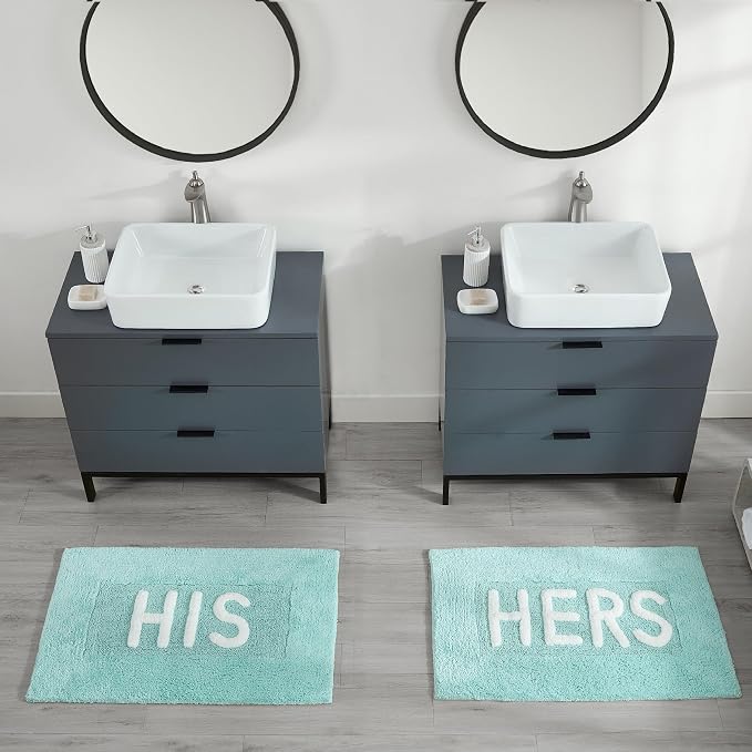 Jean Pierre Cotton 2-Piece Bath Rug Set - Soft Cotton Bath Mat - Bathroom Decor - Water Absorbent and Machine Washable - Measures 20"x32"- "His & Hers"- Aqua Blue
