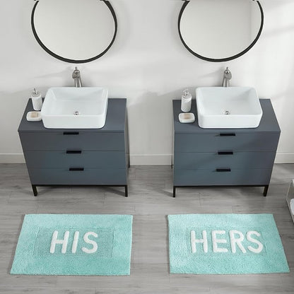 Jean Pierre Cotton 2-Piece Bath Rug Set - Soft Cotton Bath Mat - Bathroom Decor - Water Absorbent and Machine Washable - Measures 20"x32"- "His & Hers"- Aqua Blue