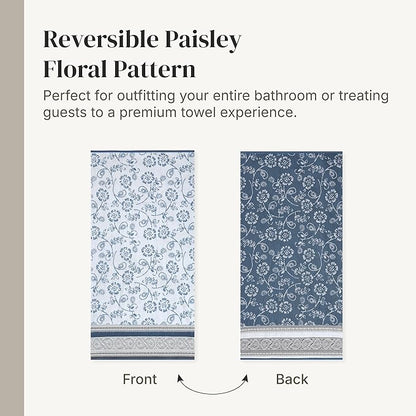 Modern Threads Floral Trail 6-Piece 100% Cotton Towel Set – Reversible Yarn Dyed Jacquard – Includes 2 Bath Towels, 2 Hand Towels, 2 Washcloths – Absorbent, Quick Dry, Soft & Durable – Navy