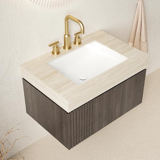 30" Floating Bathroom Vanity with Sink, Wall Mounted Storage Vanities with Drawer and Door, Roma Travertine-Pattern Top and 3 Pre-drilled Faucet Holes Basin, Pre-Assembled Cabinet, Espresso Woodgrain