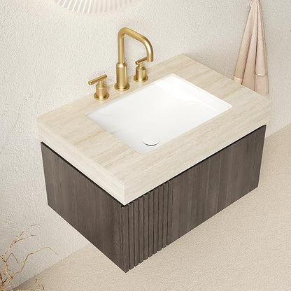 30" Floating Bathroom Vanity with Sink, Wall Mounted Storage Vanities with Drawer and Door, Roma Travertine-Pattern Top and 3 Pre-drilled Faucet Holes Basin, Pre-Assembled Cabinet, Espresso Woodgrain
