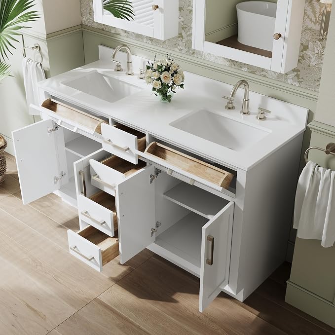 60-Inch Bathroom Vanity with Double Sinks W/ 4 Doors & 4 Drawers & 2 Flip Drawers, White Vanity W/Brushed Nickel Handles