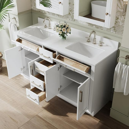 60-Inch Bathroom Vanity with Double Sinks W/ 4 Doors & 4 Drawers & 2 Flip Drawers, White Vanity W/Brushed Nickel Handles