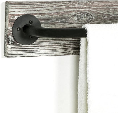 MyGift Bathroom Towel Rack, Hand Towel Holder Wall Mounted, Industrial Fixtures Hanging Towel Bar, Farmhouse Bathroom Decor, Rustic Torched Solid Wood with Realistic Metal Pipe