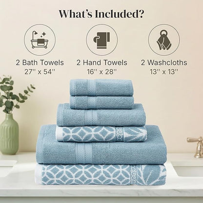 Modern Threads Botanical Vine 6-Piece 100% Cotton Towel Set – Reversible Yarn Dyed Jacquard – Includes 2 Bath Towels, 2 Hand Towels, 2 Washcloths – Absorbent, Quick Dry, Soft & Durable – Blue