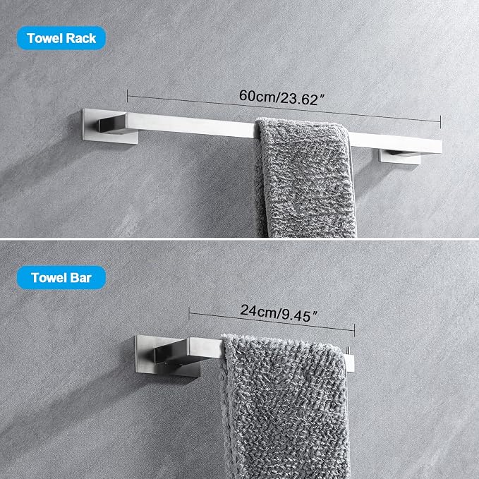 4-Pieces Bathroom Hardware Accessories Set, Towel Rack Towel Bar Toilet Paper Holder Towel Hook Self Adhesive Stainless Steel Towel Rack Set for Bathroom Wall Mounted, Brushed Nickel, 23 Inch