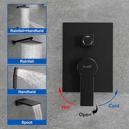 SHAMANDA Shower System with Waterfall Tub Spout and Handheld Shower Head, 10" Rain Shower Faucet Sets Complete with Shower Round-in Valve and Trim Wall Mount, Matte Black, L1010-7