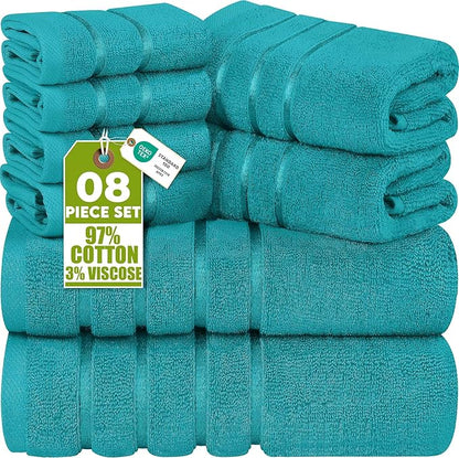 Utopia Towels 8 Piece Luxury Towel Set, 2 Bath, 2 Hand, and 4 Wash Cloths, 600 GSM Ring Spun Cotton, Highly Absorbent Viscose Stripe Towels, Ideal for Everyday use, Turquoise