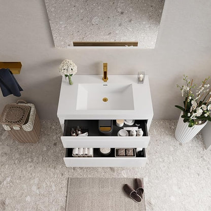 Modern 36" Wall-Mounted Bathroom Vanity with Sink | Floating Storage Cabinet, Stone Resin Countertop, Soft Close Drawers | Glossy White