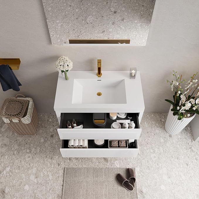 Abruzzo 36" Glossy White Wall-Mounted Bathroom Vanity with Sink – Stone Resin Countertop & Soft-Close Drawers, Waterproof Wood Cabinet for Small Bathrooms