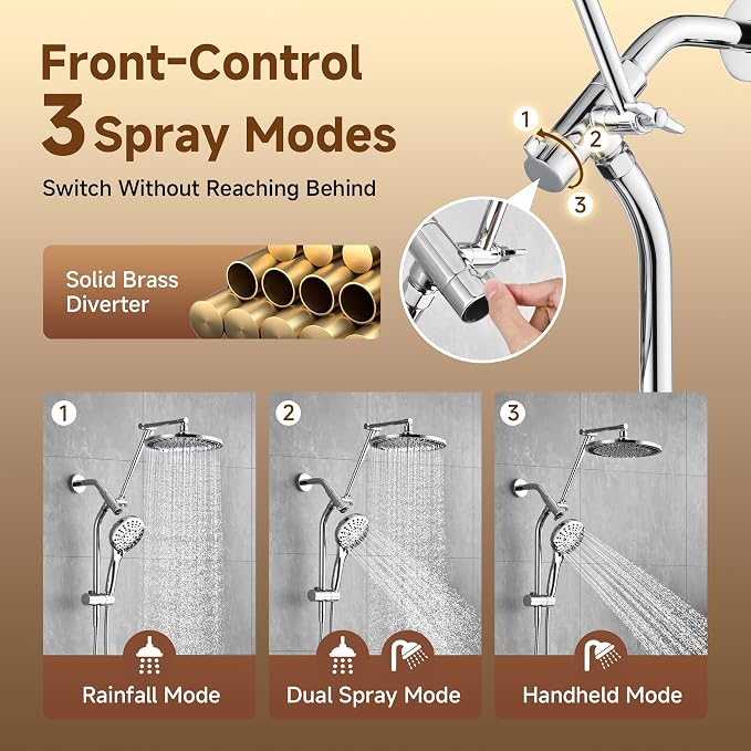 BRIGHT SHOWERS Rain Shower Head with Handheld Spray, High Pressure Dual Shower Head Combo, Adjustable Extension Arm & Slide Bar, 9 Spray Modes Built-in Power Wash, 3-Way Diverter, 69" Hose, Chrome