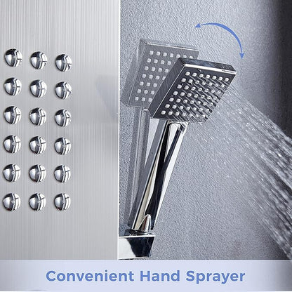 Delavin Stainless Steel Shower Panel Tower System, Wall-Mount Complete Shower Panel with Rainfall Waterfall Shower Head, Massage Body Jets, Tub Spout, Handheld Shower, Brushed Nickel