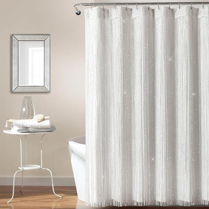 Lush Decor Night Sky String Thread Shower Curtain With PEVA Liner, 2 Piece Set, 72" W x 72" L, White - Silver String Shower Curtain and Liner Set - Shimmery Bath Curtain - Modern Glam Bathroom Decor