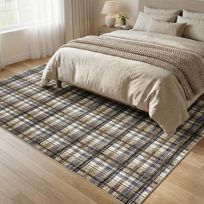 Washable Rug 6x9 Rugs for Living Room Modern Bedroom Rug Large Area Rug Non Slip Throw Rugs Soft Low Pile Stain Resistant Carpet for Classroom Dining Room 6'x9' Blue&Camel