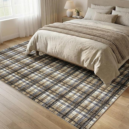 Washable Rug 6x9 Rugs for Living Room Modern Bedroom Rug Large Area Rug Non Slip Throw Rugs Soft Low Pile Stain Resistant Carpet for Classroom Dining Room 6'x9' Blue&Camel