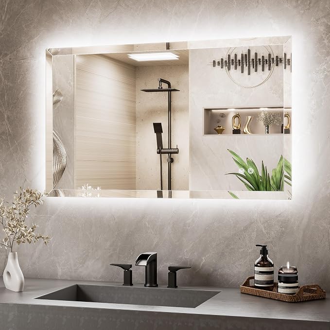 Backlit Bathroom Mirror 40 x 24, Frameless LED Mirror for Bathroom, Tempered Glass, 3 Colors Lights, Defogging, Adjustable Brightness, Memory Function, Light Up Bathroom Mirrors for Over Sink