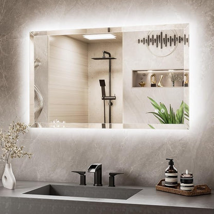 Backlit Bathroom Mirror 40 x 24, Frameless LED Mirror for Bathroom, Tempered Glass, 3 Colors Lights, Defogging, Adjustable Brightness, Memory Function, Light Up Bathroom Mirrors for Over Sink