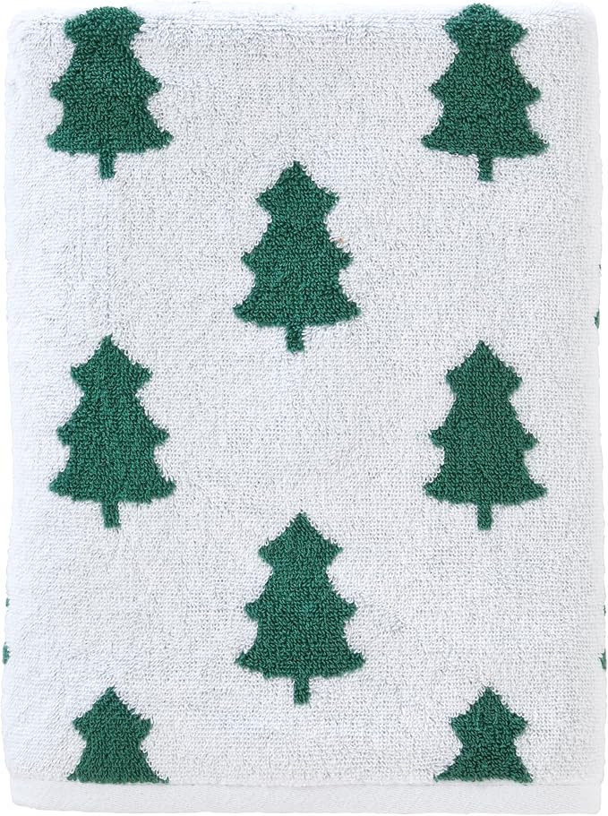 SKL Home Christmas/Winter Holiday Trees Bath Towel, Reversible, Green/White | 100% Cotton. 500 GSM weight. Soft & absorbent jacquard. Great for holiday gifting.