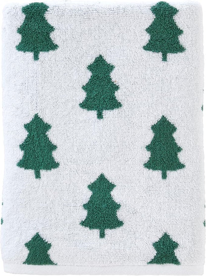 SKL Home Christmas/Winter Holiday Trees Bath Towel, Reversible, Green/White | 100% Cotton. 500 GSM weight. Soft & absorbent jacquard. Great for holiday gifting.