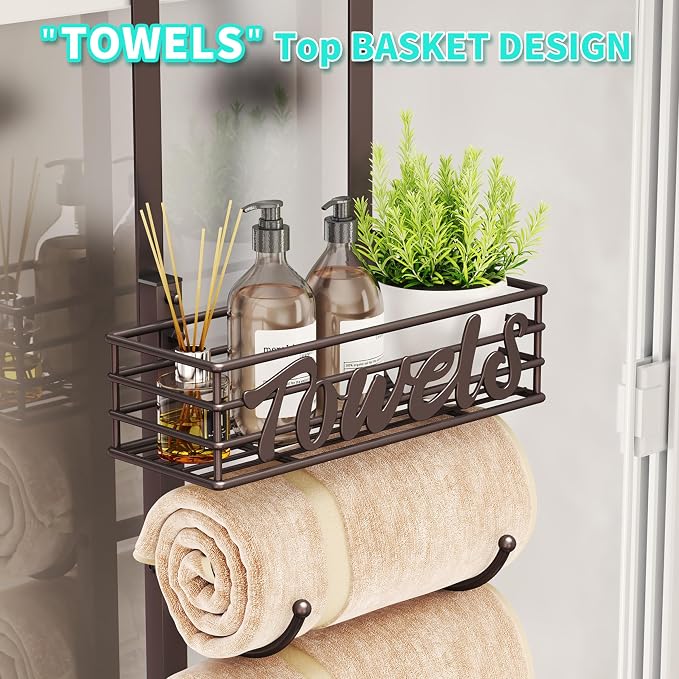 HapiRm Towel Racks for Bathroom Storage - 3 Tier Over The Door & Wall Mount Rolled Towel Storage Organizer Holder with Metal Shelf Basket for Small Bathroom, Camper, Rv - Bronze, Patented