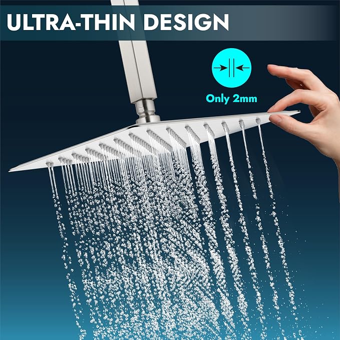 Midanya Square Rain Shower Head,High Pressure,Brushed Nickel 16 Inch | 360°Swivel,Ceiling or Wall Mount,Waterfall Full Body Coverage,Bathroom Remodel,Stainless Steel Large Rainfall Shower Head