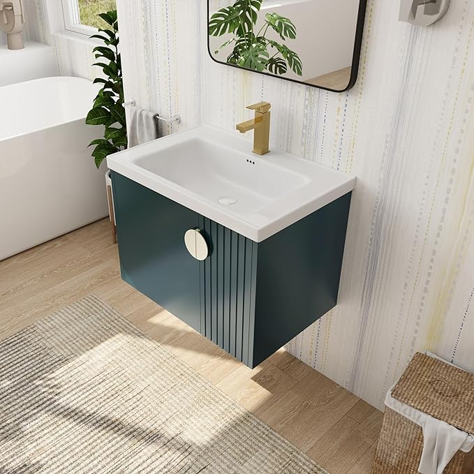 SSLine 28" Wall-Mount Bathroom Vanity Modern Floating Bathroom Vanity Set with Ceramic Sink Basin & Storage Cabinet 28-Inch Luxury Green Small Bathroom Vanities with Round Metal Handles