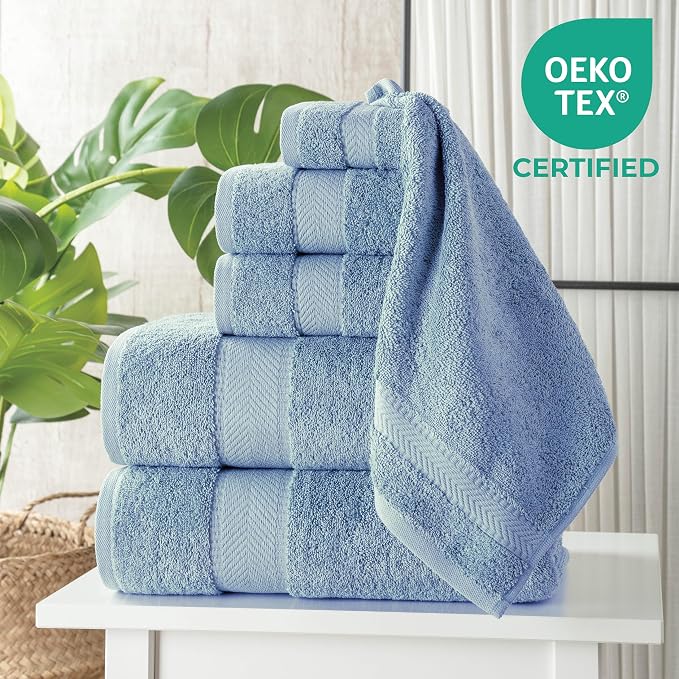 100% Turkish Cotton 6 Pcs Luxury Bath Towels for Bathroom, Soft & Absorbent Bathroom Towels Set (2 Bath Towels, 2 Hand Towels, 2 Washcloths)- Mid Blue