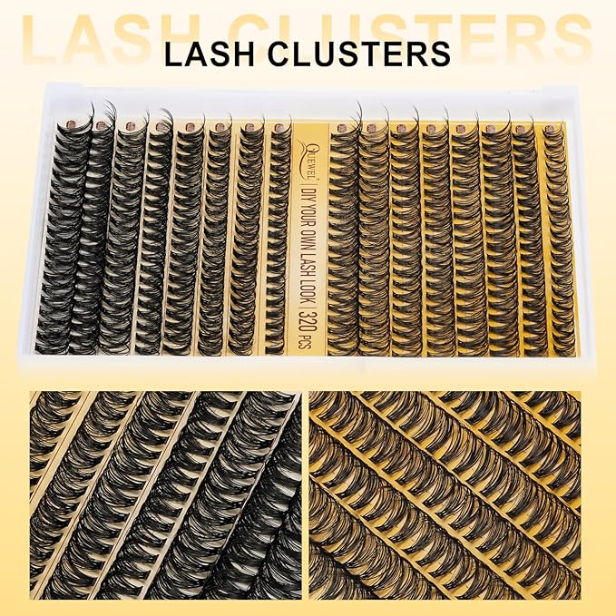 QUEWEL Lash Clusters Kit, 320 Pcs 30D+40D Lash Cluster Eyelash Extensions | 9-16mm Lash Clusters Wispy Kit with Eyelash Clusters Bond and Seal Glue Remover Tweezers (30D+40D Kit)